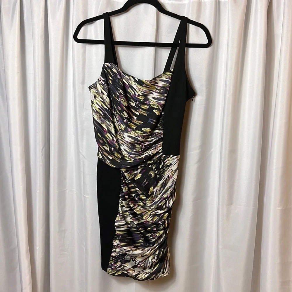 Jessica Simpson Ruched Bodycon Dress Medium Black Abstract Print Cocktail